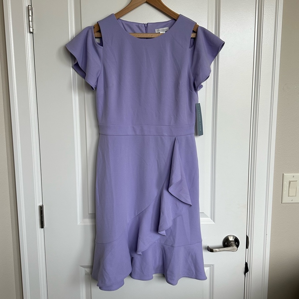 London Times Flounce Ruffle Dress sz 8 Womens Cold Shoulder Purple Cut Out Party